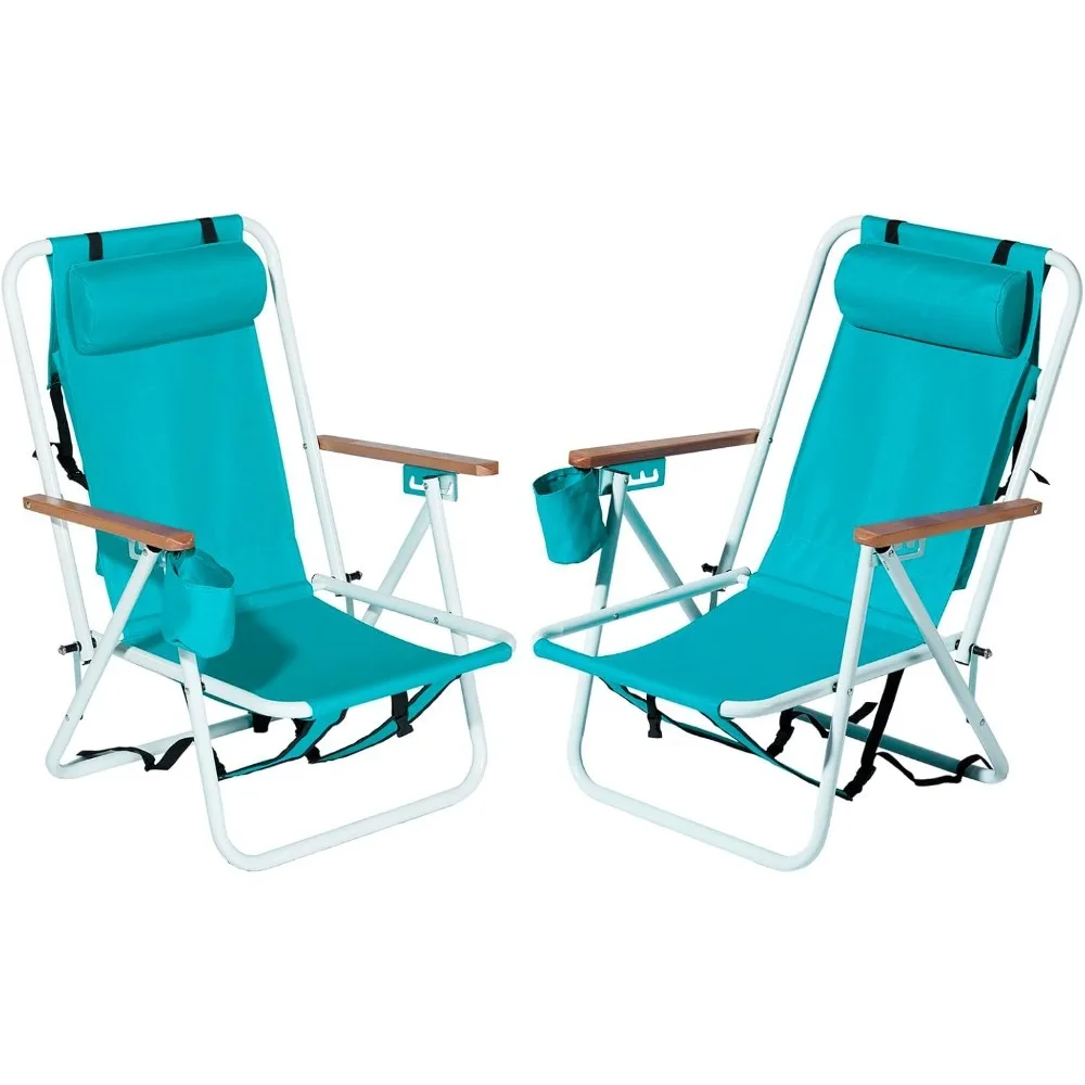 

Folding Beach Chair Adjustable Headrest w/4 Flexible Tilt Angle, Cup Holder Portable High Strength Cleanable Fabric, for Sand