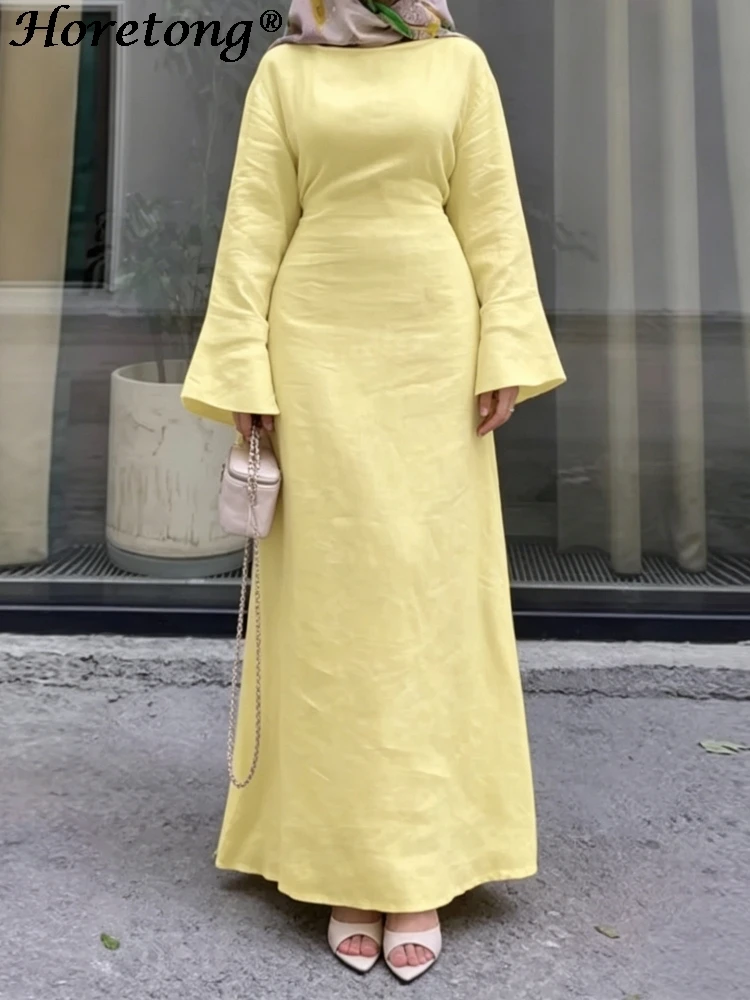 

Horetong 2026 Summer Muslim Abaya Women Dress Yellow O-Neck Flare Long Sleeve A-Line Modest Islamic Holiday Casual Maxi Dresses