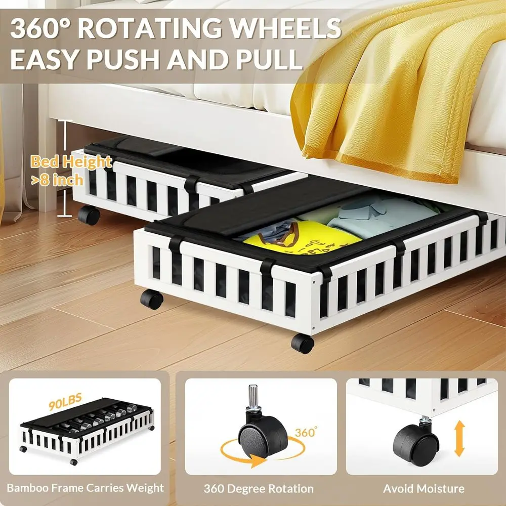 Pojemniki bambusowe na kółkach, 39x20x7,8 Duże pojemniki pod łóżko w kolorze białym