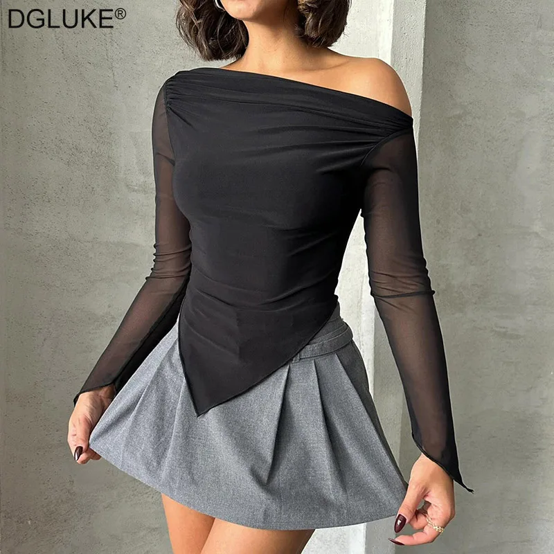 DGLUKE Off Shoulder Sexy Woman T-shirts Mesh Long Sleeve Crop Top Spring Ruched Asymmetrical Fitted T shirt Burgundy Black