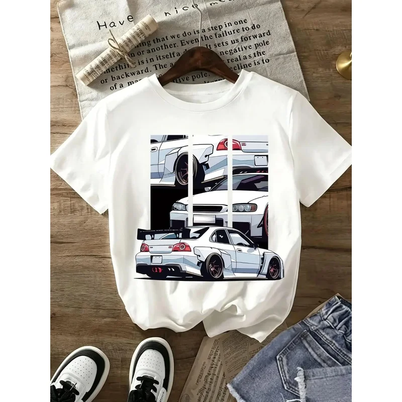 Women's Vintage Racing Style JDM Wide Body Car Print T-Shirt Soft Breathable Loose Fit Casual Tee