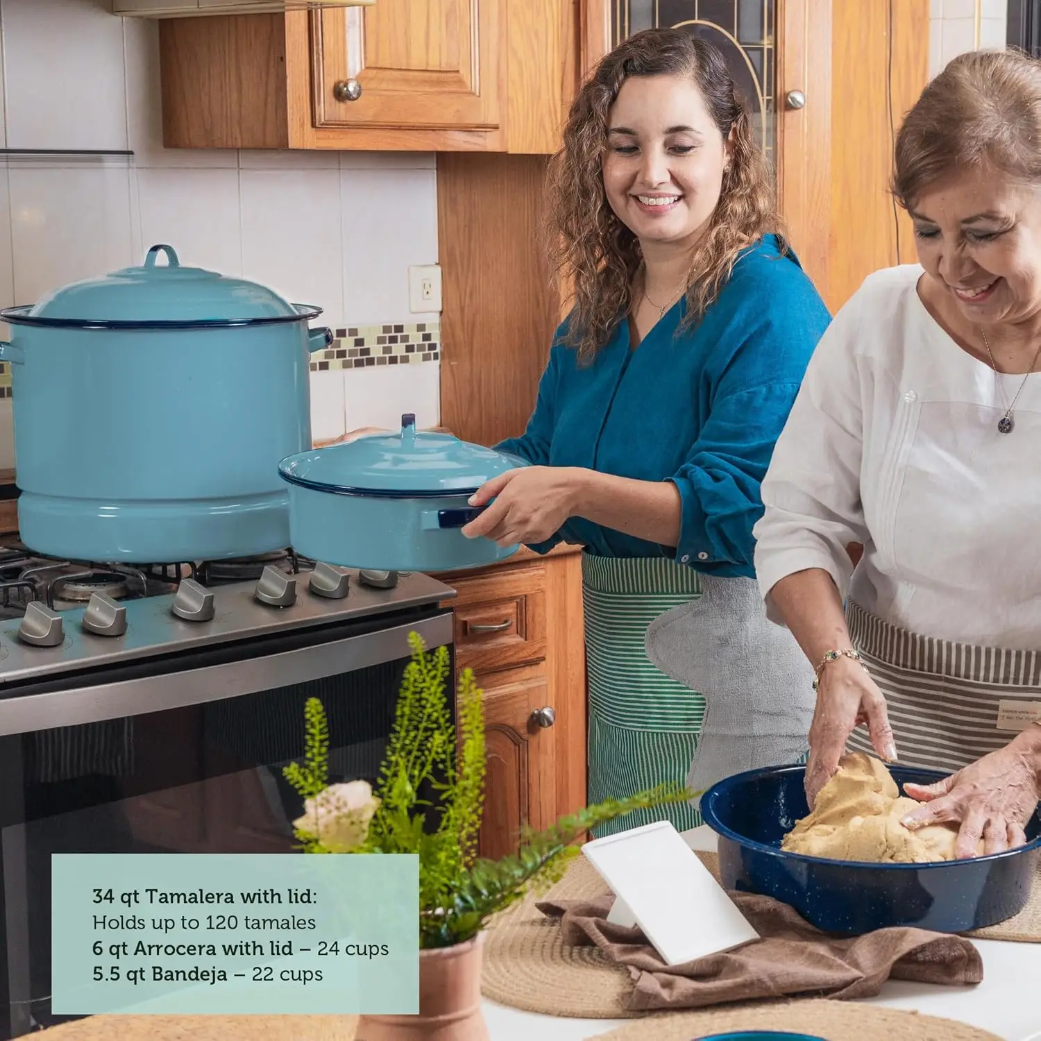 Conjunto de panelas de aço esmaltado de 6 peças com vaporizador, forno holandês e prato multiuso, azul turquesa