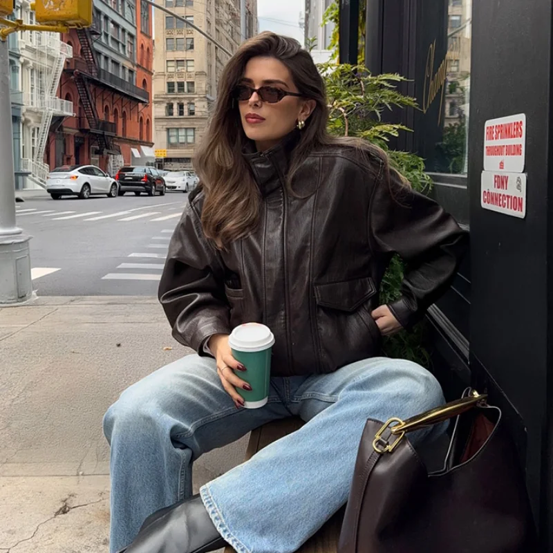 

Женская однотонная куртка из искусственной кожи в американском стиле ретро, потертое мягкое пальто из искусственной кожи, новинка 2025, женская осенне-зимняя уличная верхняя одежда