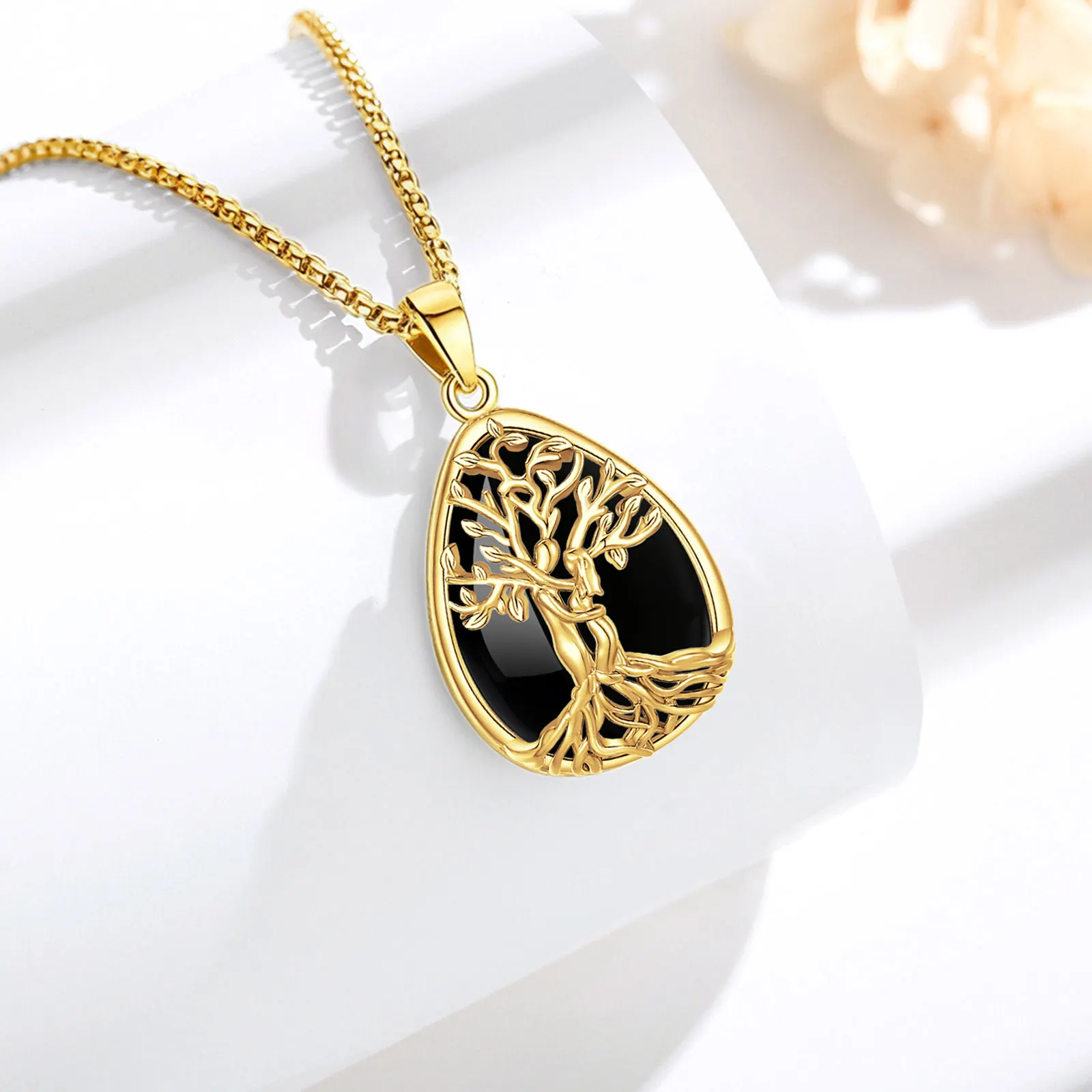 AEONSLOVE 18K الذهب لوحة شجرة الحياة قلادة دمعة سبج قلادة حجر الطاقة مجوهرات هدية عيد الحب للنساء الرجال #3