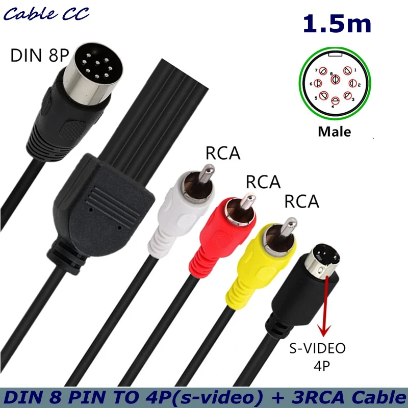 Din 8 Pin to S-video 4P Male 3-RCA Male Audio Adapter Cable For DVD, TV/HDTV, VCR\'s, CDs, Musical Instruments, Audio Equipment.