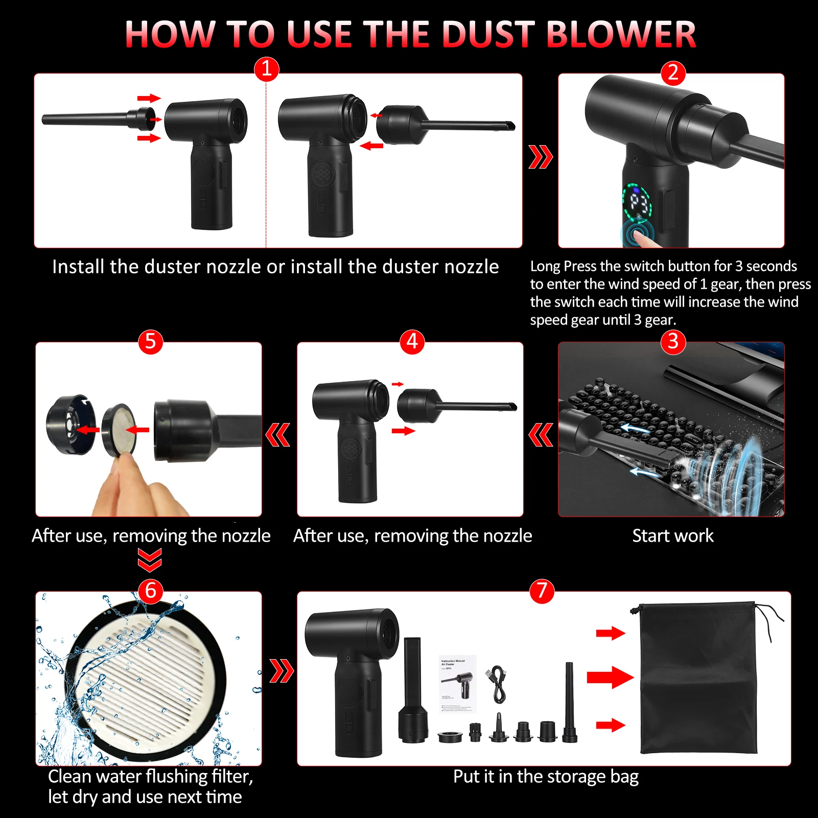 Compressed-Air-Duster--Cleaner With Digital Screen Brush Motor, 100W  7500mAh Electric Air Dusters Cleaner Electric Air Duster