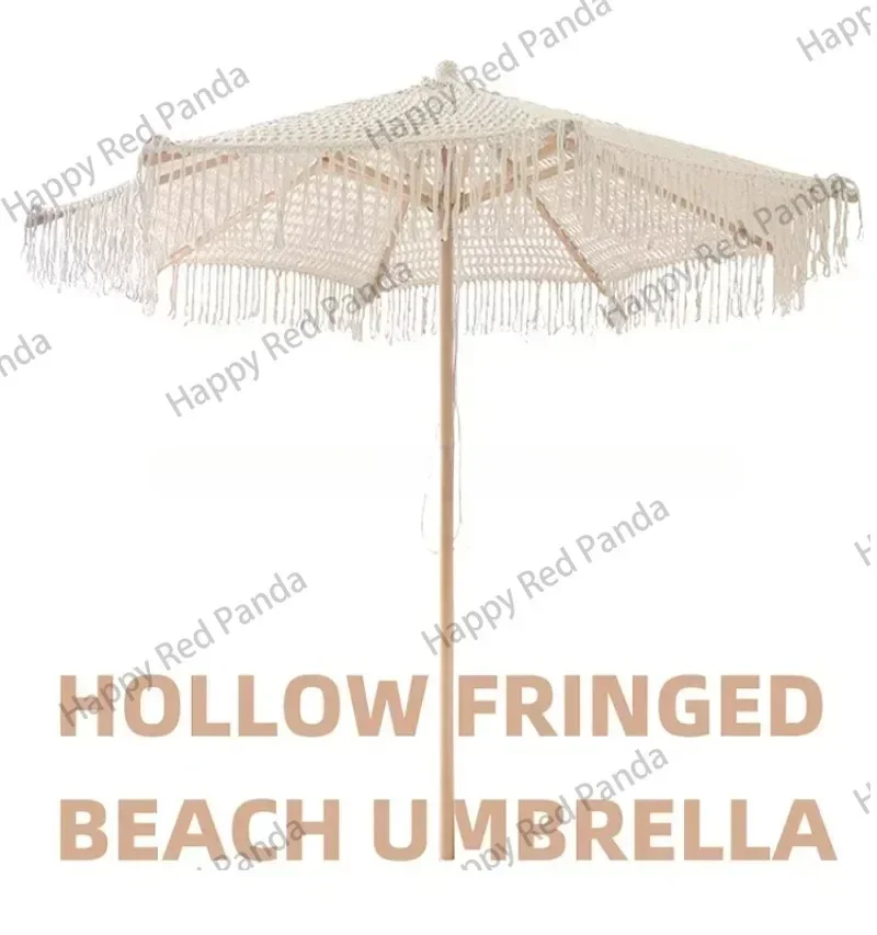 Parasols en ULde coton tissés faits à la main, perche en bois, pompons, parapluie de plage avec frange en macramé, modifications en toile, 2.5m