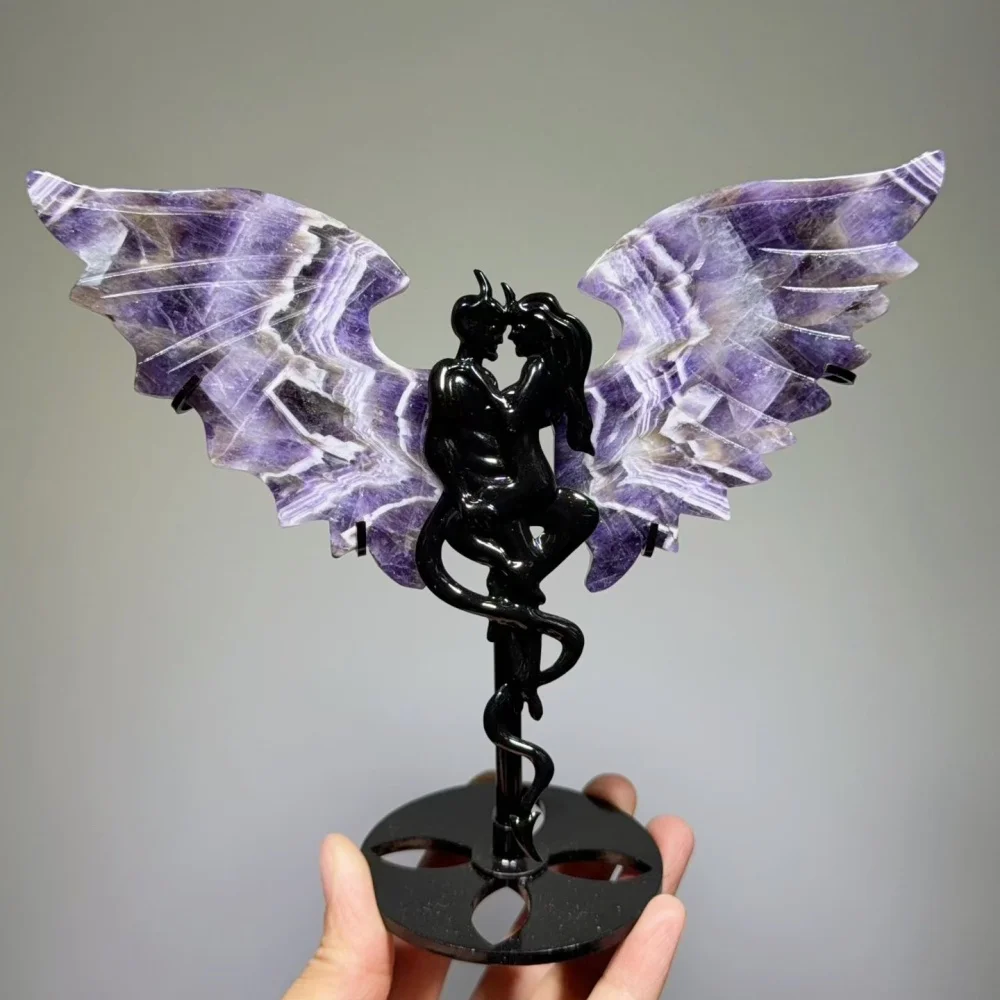 Natural Amethyst Devil Couple Wing Carving Polished Reiki Healing Crystal Feng Shui Energy Home Decor Gift Room Decor