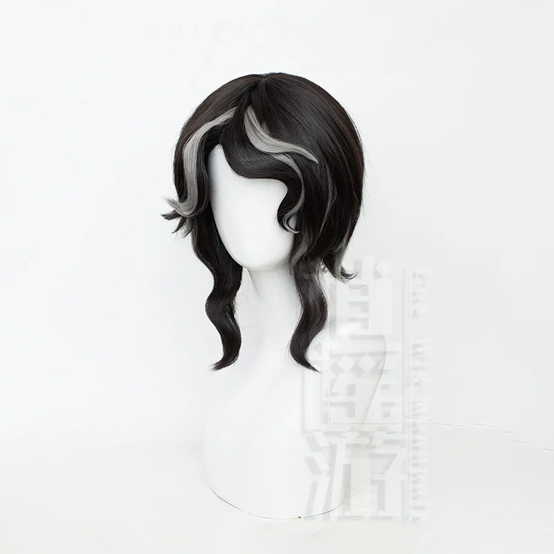 Wig Cosplay Emma Woods, Wig permainan identitas V 45CM, rambut sintetis tahan panas abu-abu hitam, Wig Cosplay Anime pesta Halloween