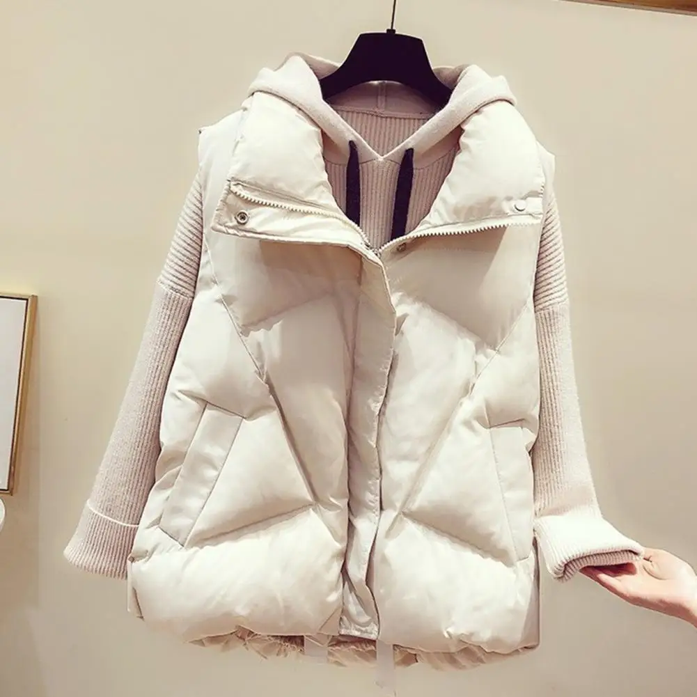 Women Sleeveless Side Pockets Unique Cutting Zipper Buttons Fly Loose Vest Jacket Solid Color Winter Down Puffer Vest Outerwear