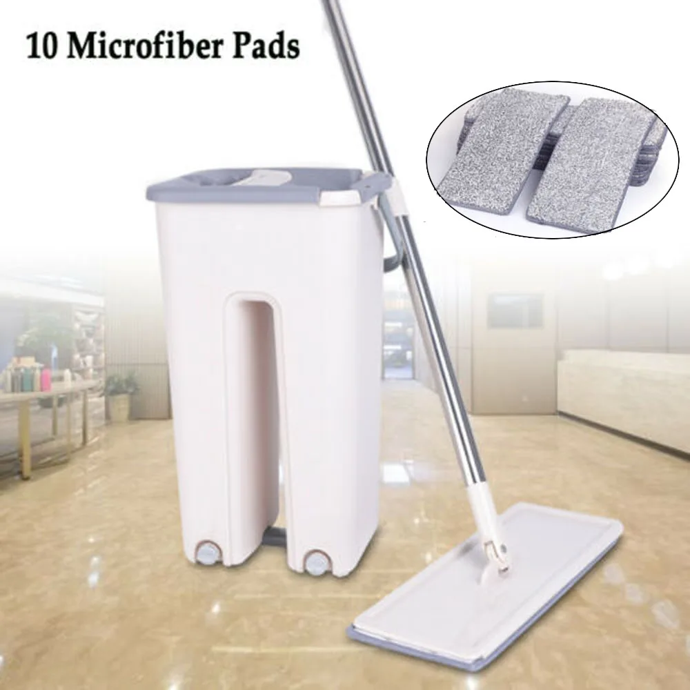 Floor Wiper Mop Set Bucket 360° Rotation Telescopic Handle 10PCS Microfibre Pad Cleaning Cloth Flat Floor Mop