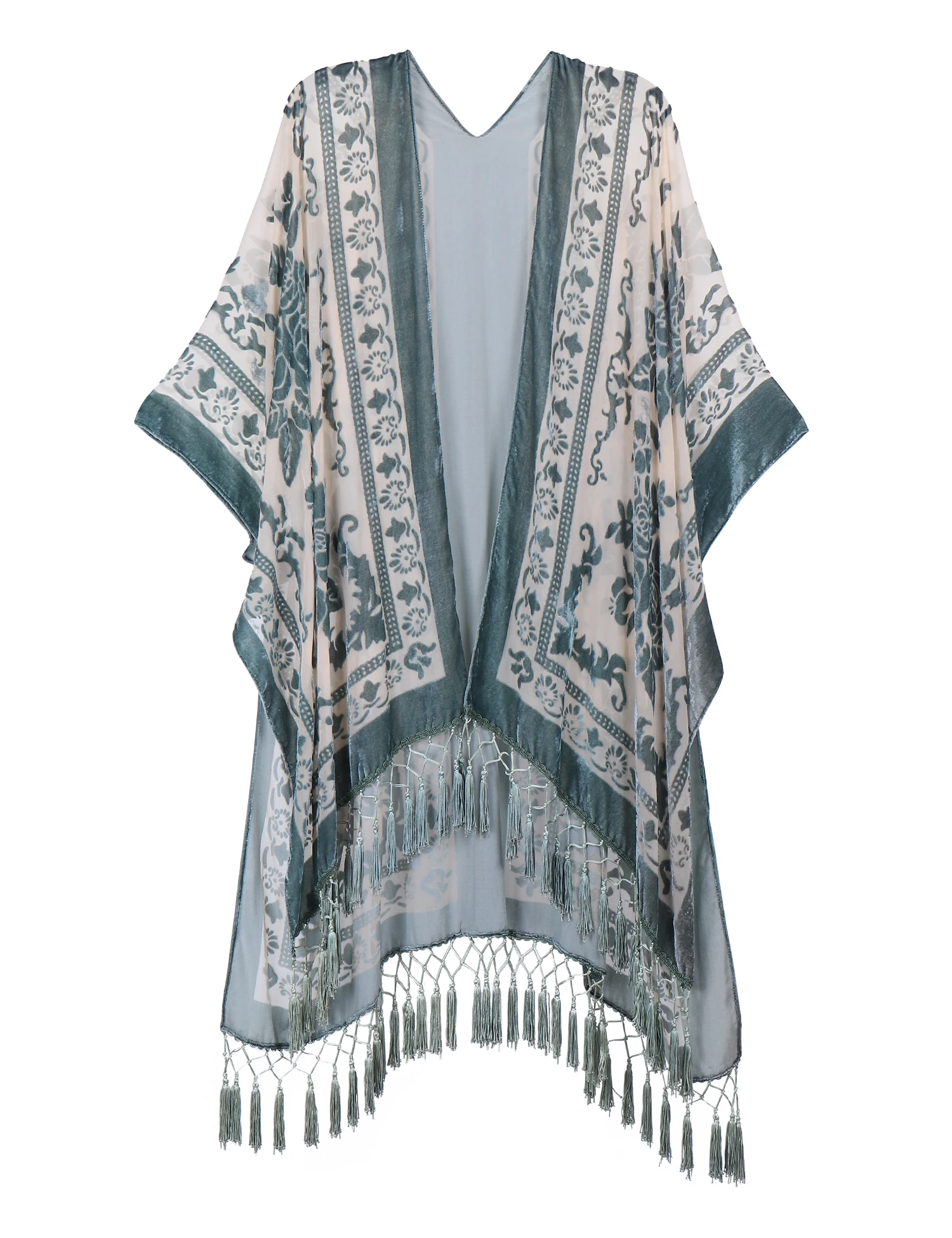 WeHello-Bohemian Velvet Kimono for Women, Long, Cyan Tassel, Beach Cover-up, Casual Cardigan, Shawl, JYPF-21