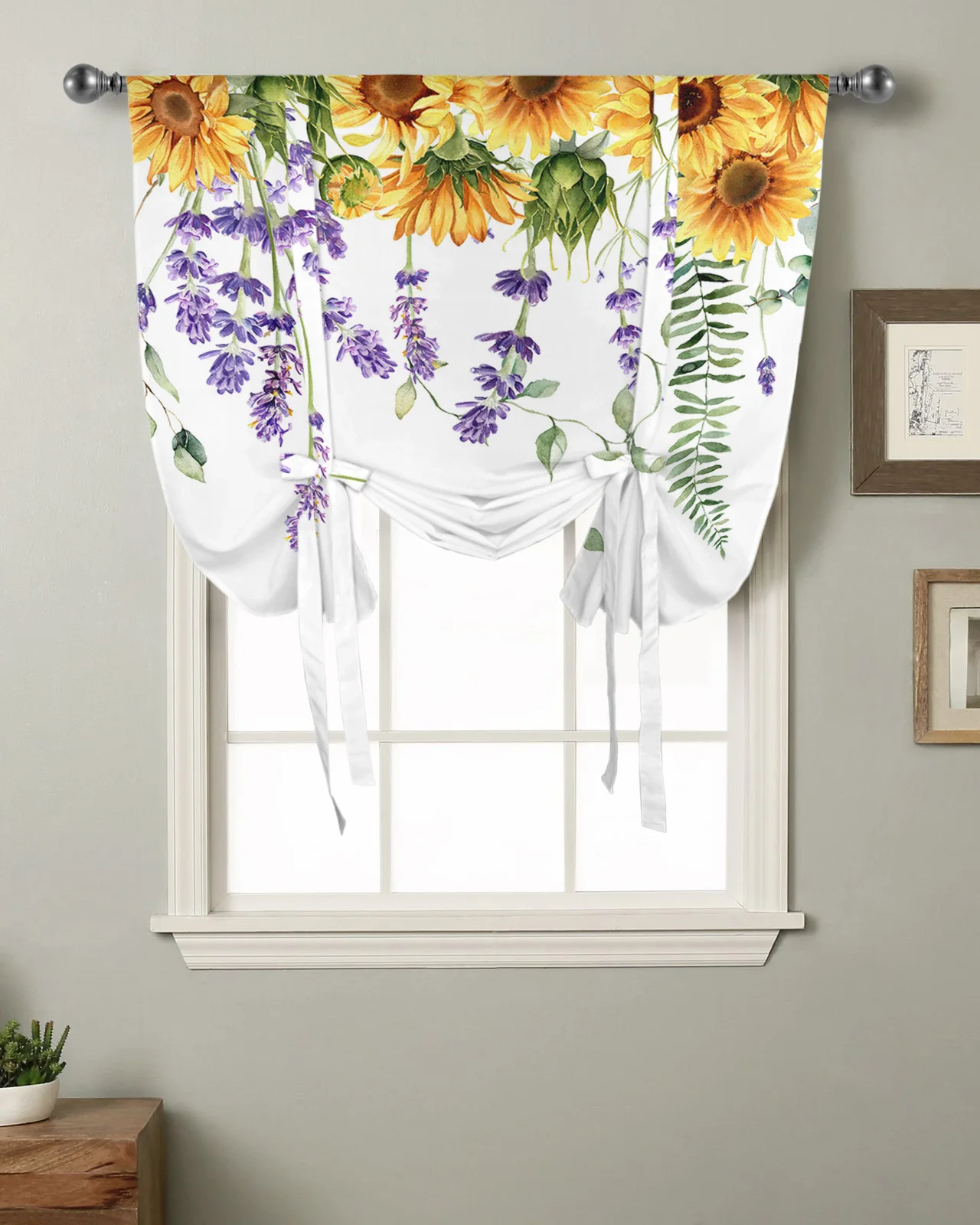 

Spring Eucalyptus Sunflower Lavender Kitchen Short Window Curtain Modern Home Decor Small Window Roman Tie Up Curtains