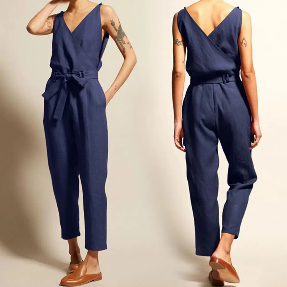 Lady Jumpsuit สีทึบหลวมแขนกุดลึก V คอ Lace-Up Jumpsuit ฤดูร้อน Romper เสื้อผ้าหญิง Playsuits Bodysuits