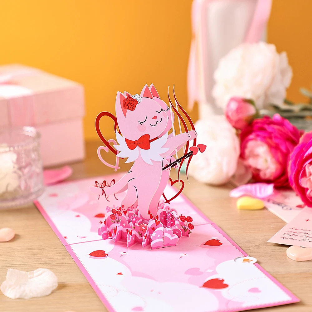 Valentines Day Greeting Card Romantic Cupid Cat Balloon Pop Up 3D Greetings Card Postcard Love Gifts For Couples Wife Lover