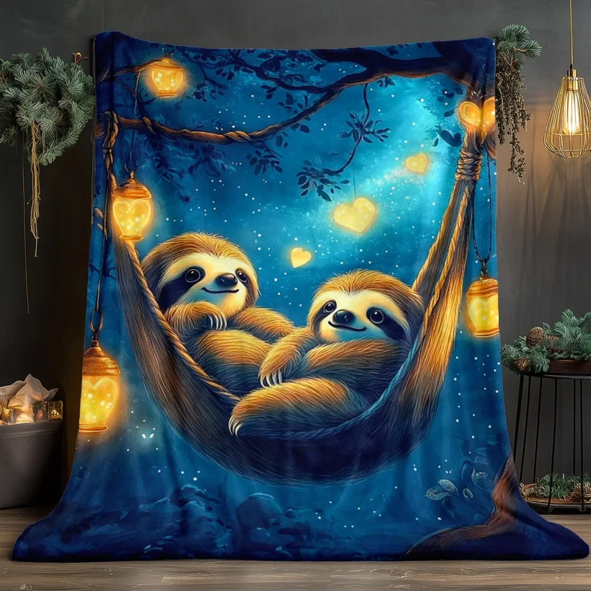 1pc Sloth Couple In Hammock Lanterns Night Sky Fleece Blanket Soft Cozy Throw For Bedroom Decor Relaxing Design