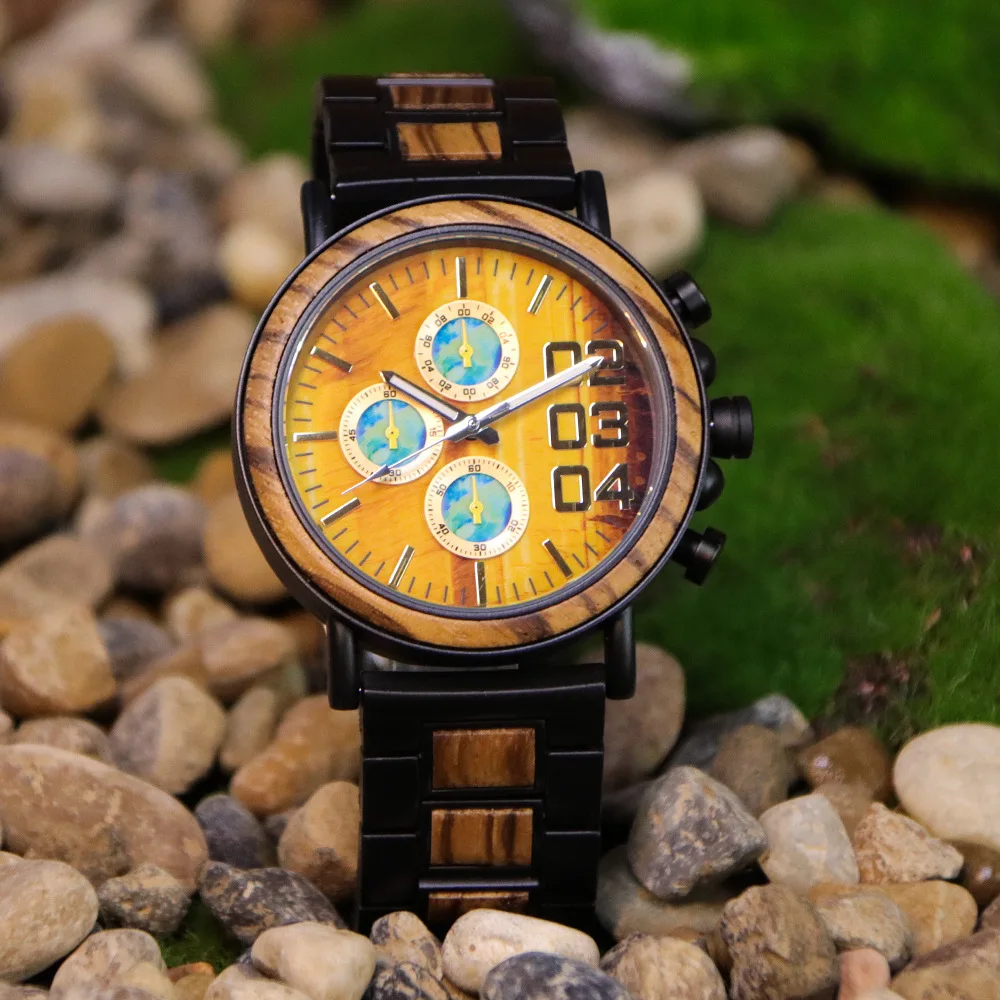 

Factory Steel Room Wooden Quartz Watch Amazon Hot Selling Marble Face Multifunctional Men's Wooden Watch Men's Gift