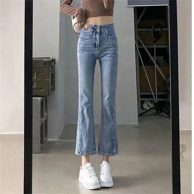 Celana Jeans Menyala Sembilan Poin Pinggang Tinggi Wanita Korea Celana Denim Forking Wanita Musim Semi Musim Gugur Celana Panjang Koboi Serbaguna Wanita 2024