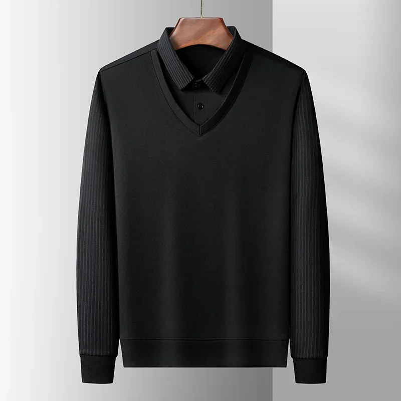2026 New Men's Casual and Fashionable Long Sleeved Solid Color Fake Two-piece Polo Shirt Business All Season Versatile Top