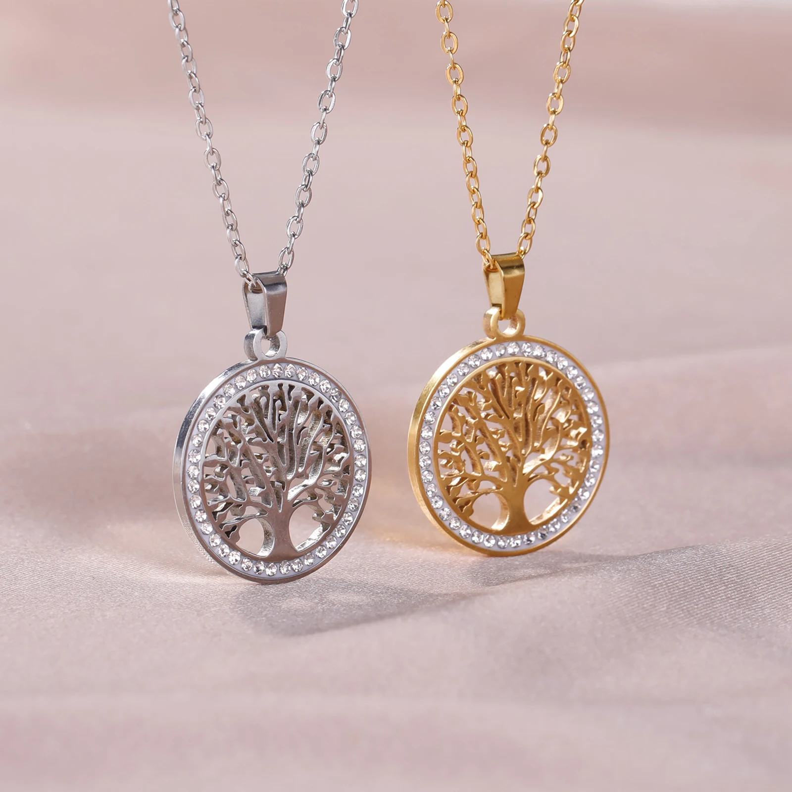 Skyrim Tree of Life Necklace for Women Stainless Steel Gold Color Clear Zircon Round Pendant Neck Chains Luxury Wedding Gift