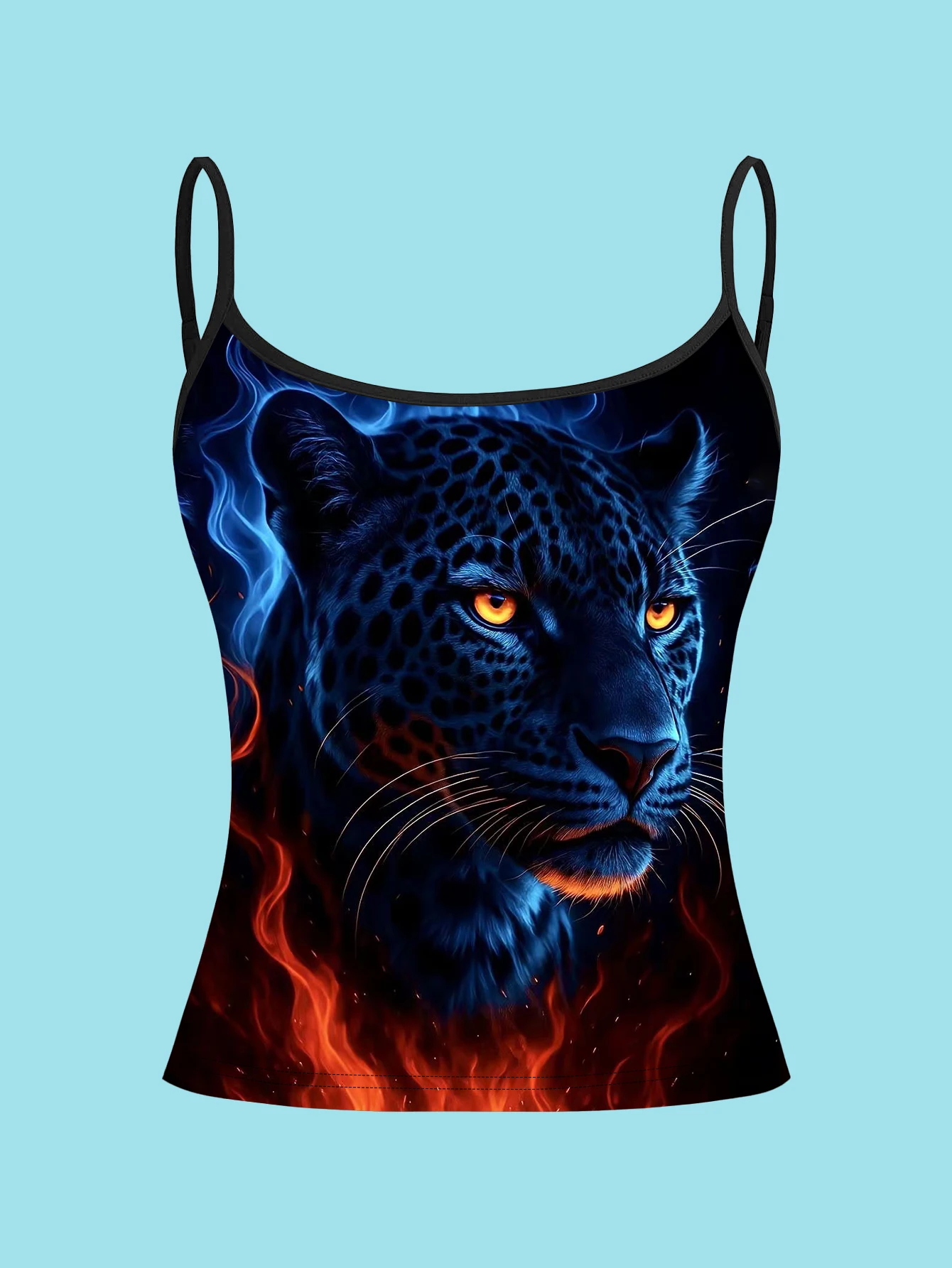 4-Piece Set of Neon Light Effect Lion, Leopard, and Beast Print Camisoles, Black Base with Purple Lightning Rainbow Fluorescent Animal Head Design, Women's Slim-Fit Spaghetti Strap Sleeveless Tops for Outerwear or Layering