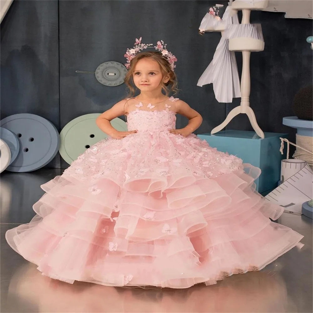 Lovely Pink Butterfly Flower Girl Dress Tulle Puffy Sleeveless Applique Sequins For Wedding Princess First Communion Ball Gowns