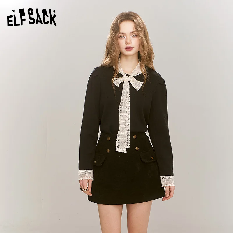 ELFSACK 2024 Winter New Arrivals Elegant lace patchwork slim tie bow pearl button French knit sweater