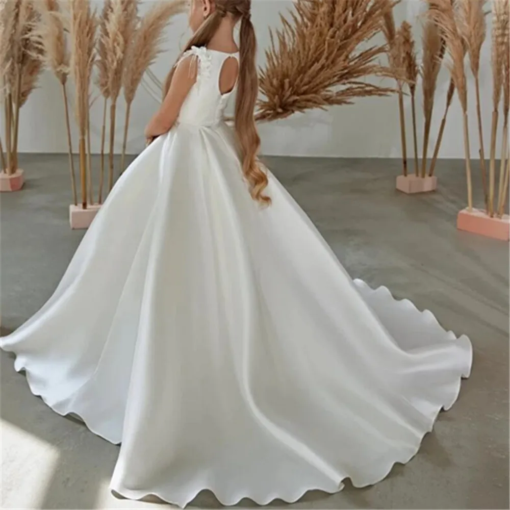 

Белое простое платье с цветочным узором для первого причастия для девочек, расшитое бисером, бальное платье принцессы для дня рождения для выпускного вечера