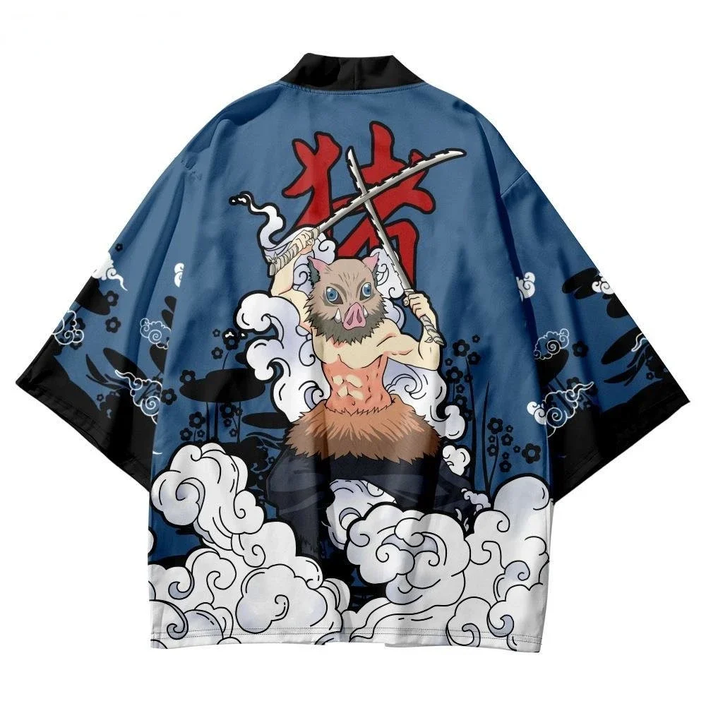 

Summer Women Men Cardigan Beach Yukata Cartoon Boar Samurai Print Japanese Kimono Cosplay Haori Traditional Clothing