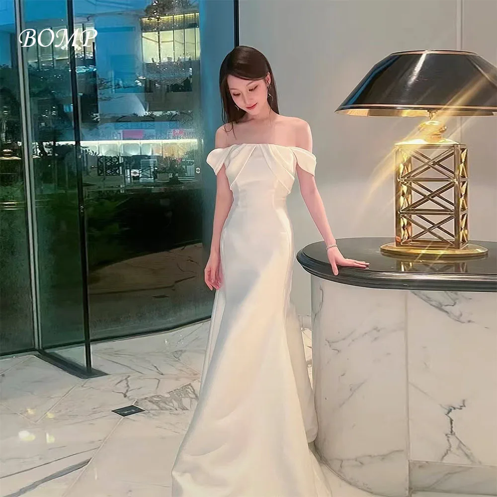 

BOMP Elegant Pleat Wedding Party Dress Off Shoulder Draped Mermaid Ivory Korea Photo Shoot Bridal Reception Gown Customized