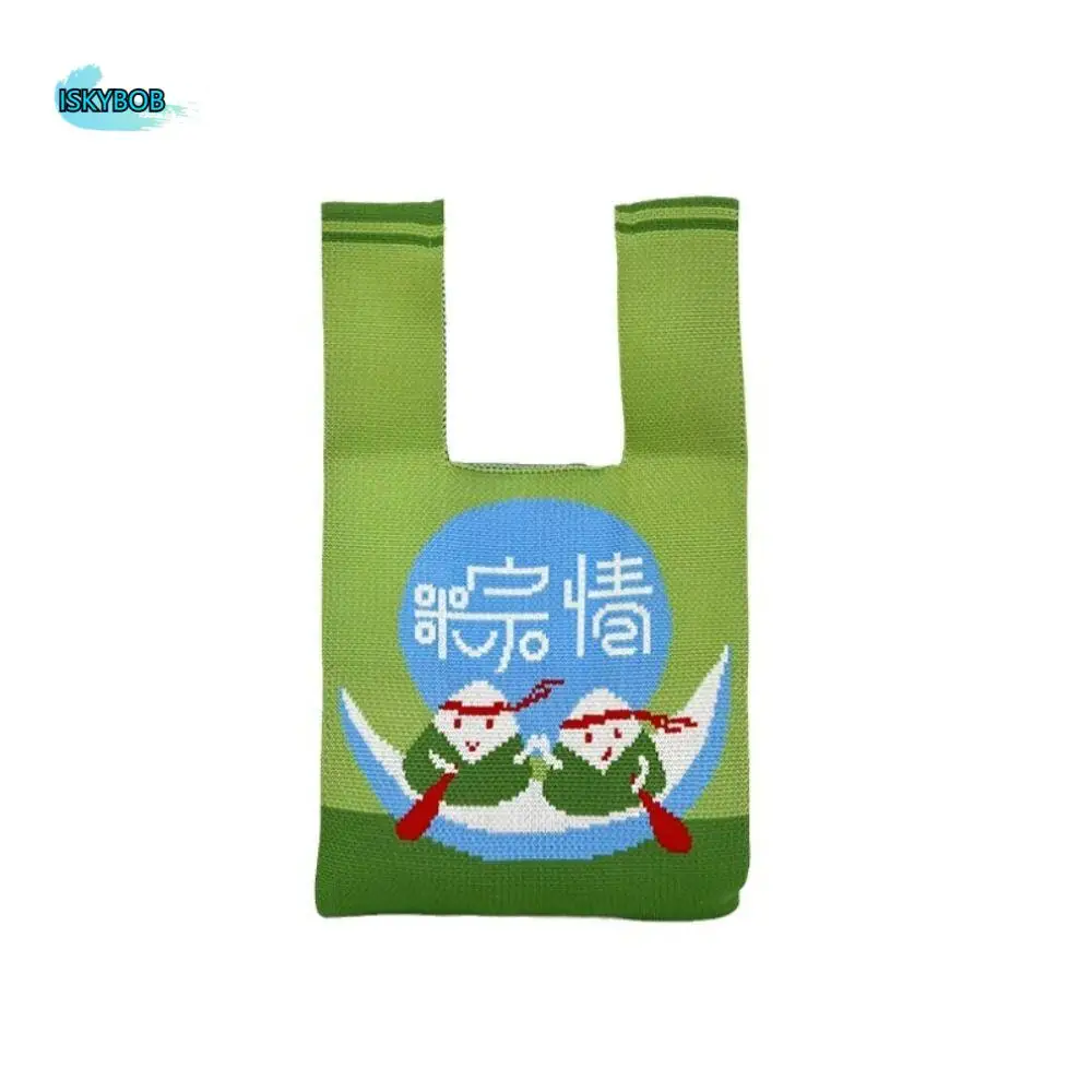 Cute The Dragon Boat Festival Knot Wrist Bag Printed Wool Bucket Bag Knitted Bag Gift Bag Weave Tote Bag Student