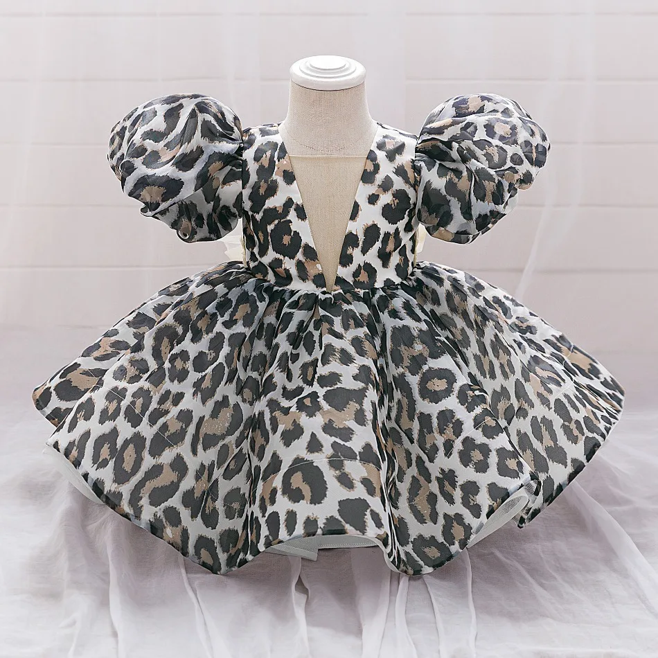 Toddler Girls Leopard Puff Sleeve Ball Gown V Neck Beaded Short Puffy Skirt Baptism Birthday Party Stage Baby Formal Dress ASQ03