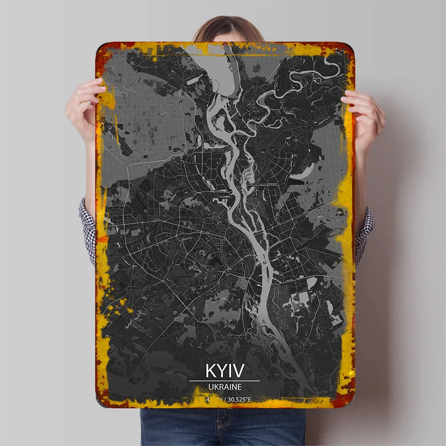 Kyiv Ukraine City Map Metal Wall Art Modern Minimalist Home Decor Geometric Urban Print for Living Room Office