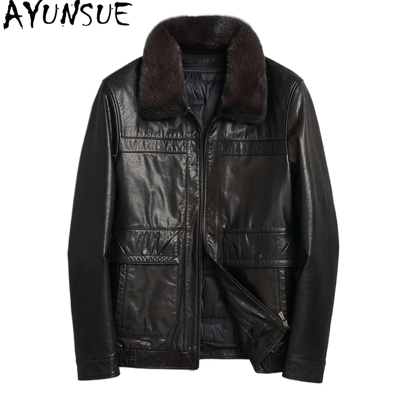 

AYUNSUE 100% Natural Cow Leather Jackets Man Winter Warm Short Goose Down Coat Mink Fur Collar Black Leather Jackets Man 2025