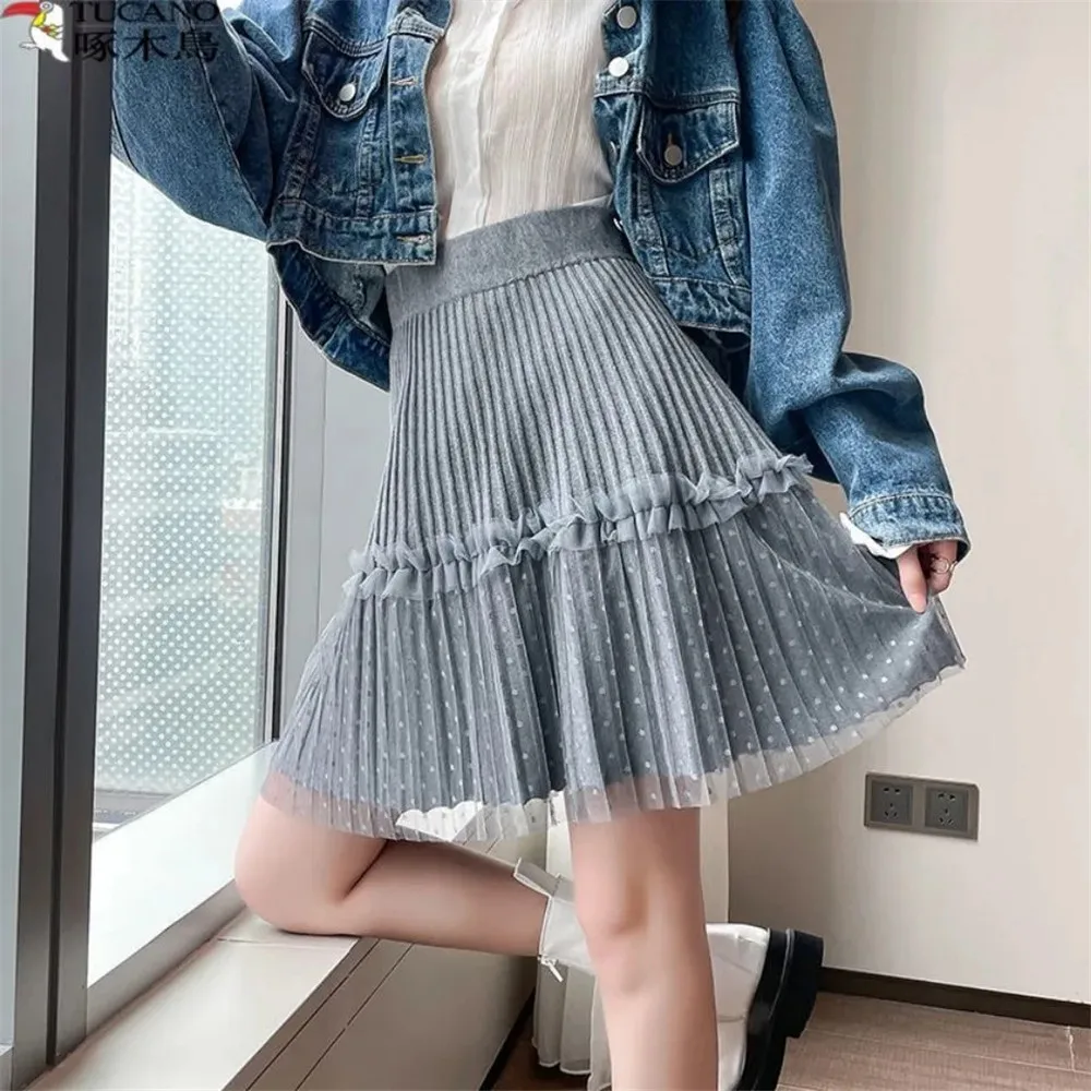 

Ruffled Lace Splicing Short Pleated Skirt Women Autumn Winter Polka Dot Mini Sweater Skirt Korean High-Waist A-Line Sun Skirt