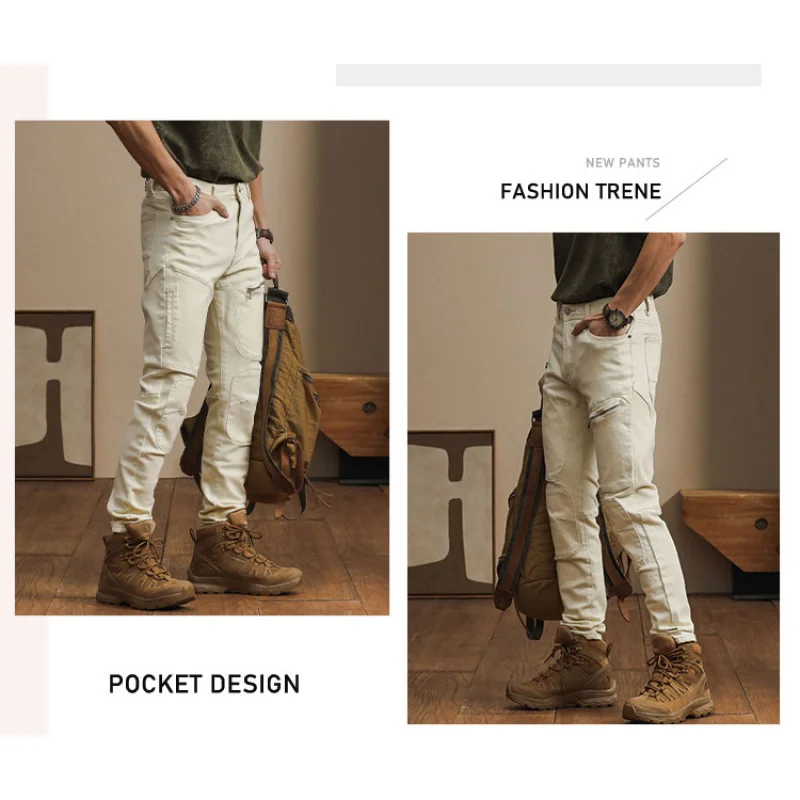 American high-end vintage men's jeans Trendy Slim personality multi-pocket splicing biker small leg pants men's clothing