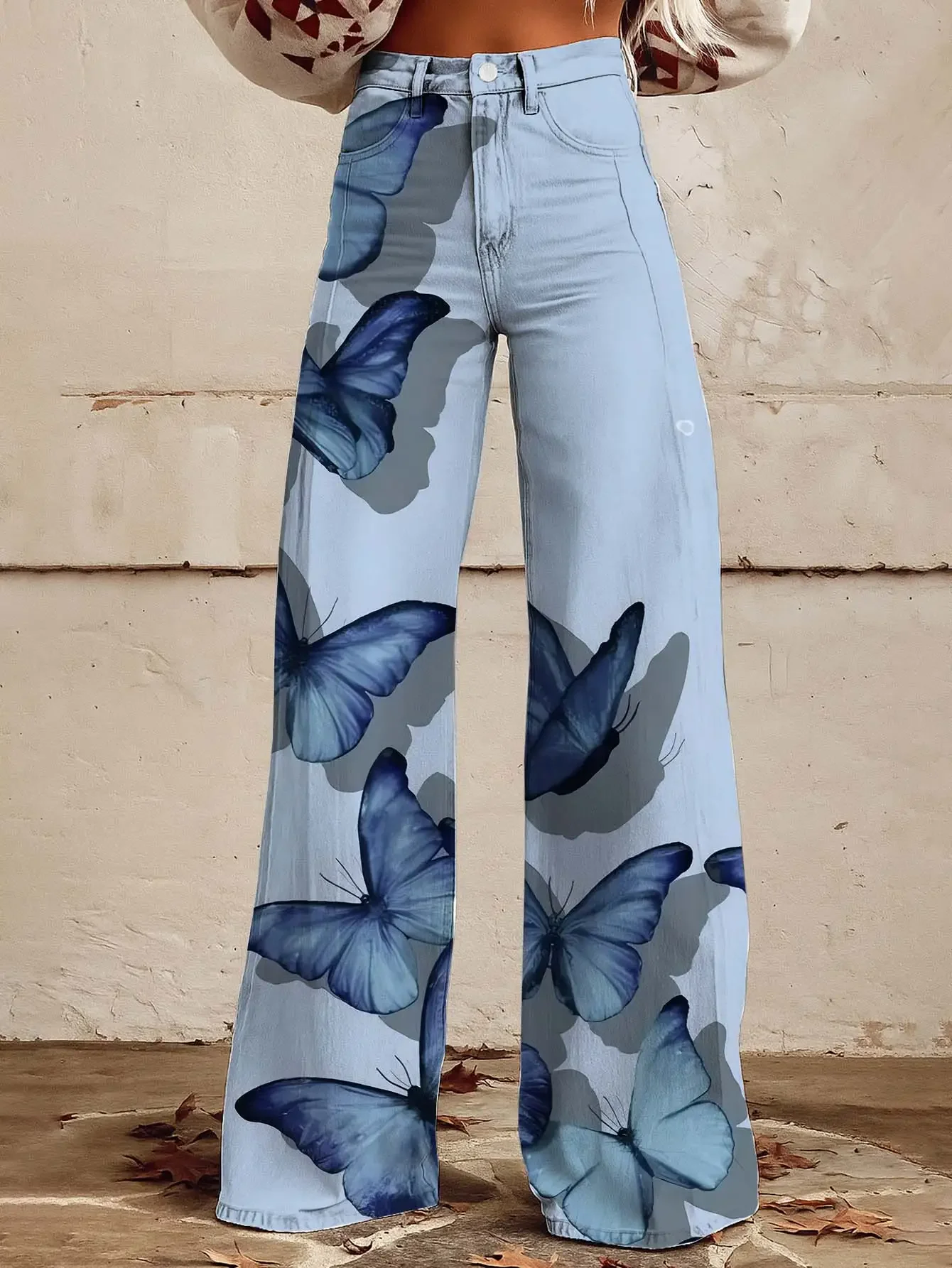 Women's new printed jeans with denim like fabric, Retro Romantic Pink Black Rose Pattern Printed Loose Horn Imitation Jeans