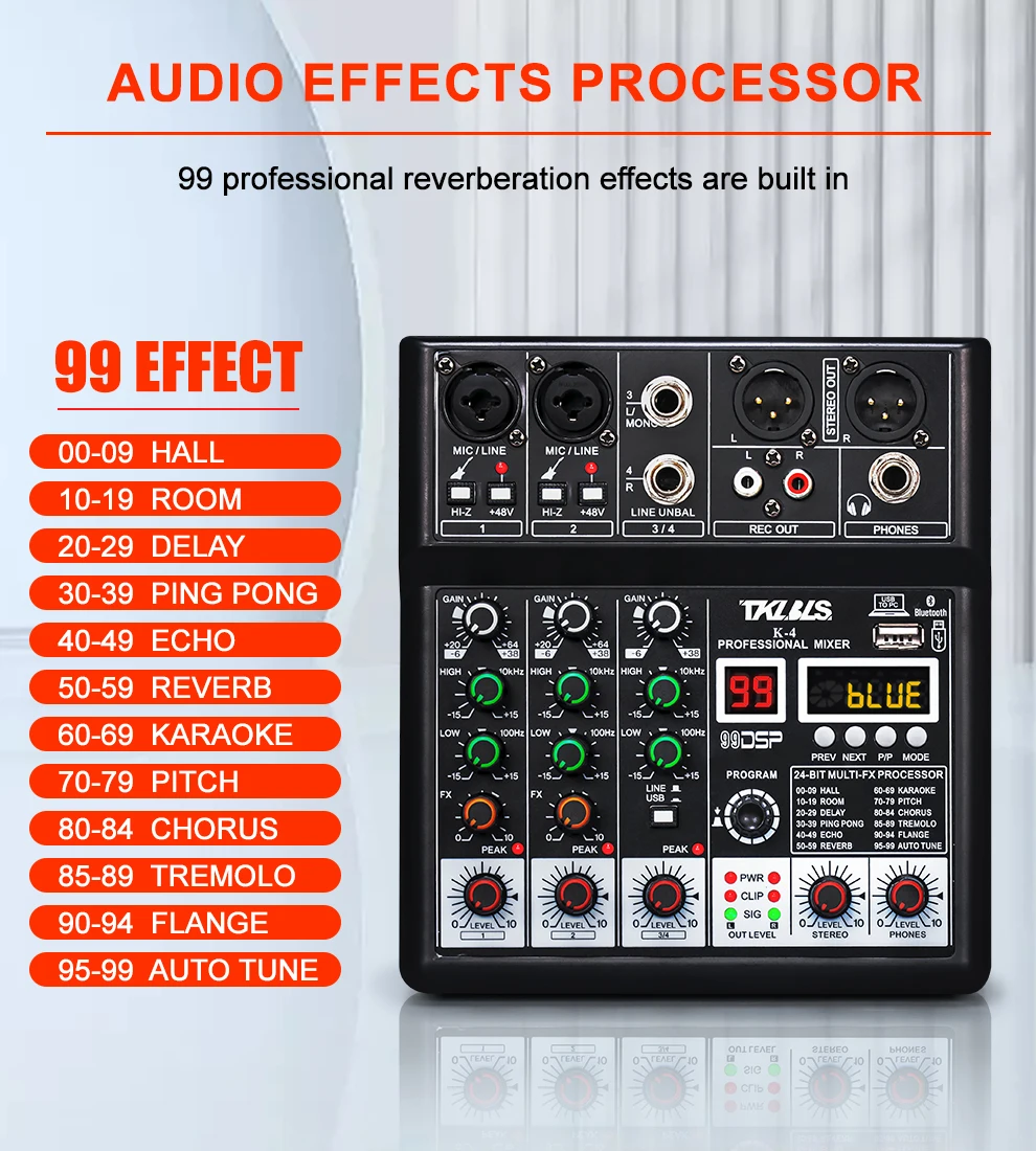 TKL K-4 4 channels Audio Mixer with 99DSP Bluetooth USB 48V phantom power delay mixing console PC recording repair effect