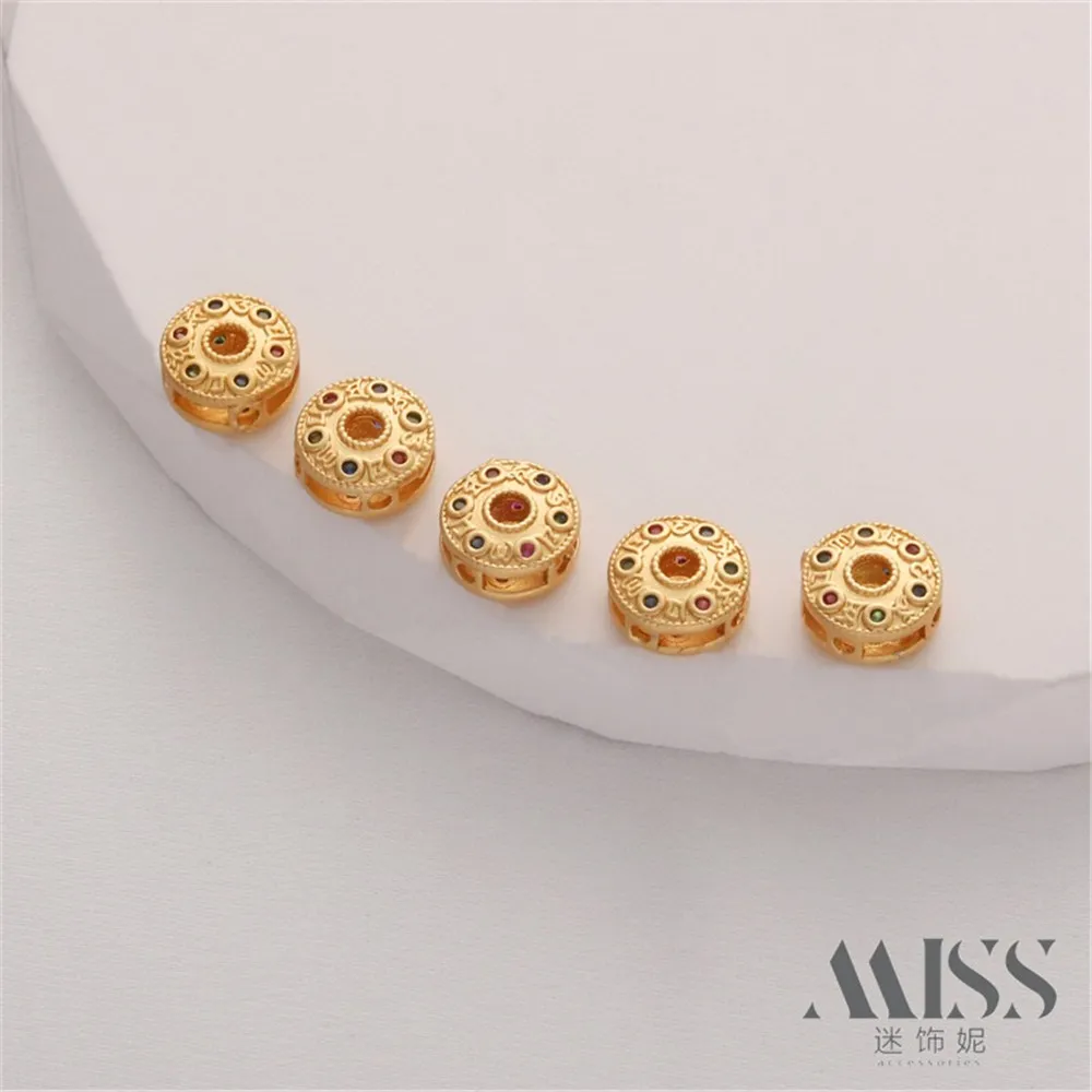 

18K Gold Color Matte Gold Hollow Inlaid Zircon Flat Beads Four-sided Through-hole Bead-separated DIY Bracelet Necklace Accessori