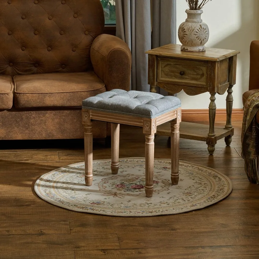 stools.French Vintage Foot Stool with Rustic Wood Legs and Padded Seat, 18.5