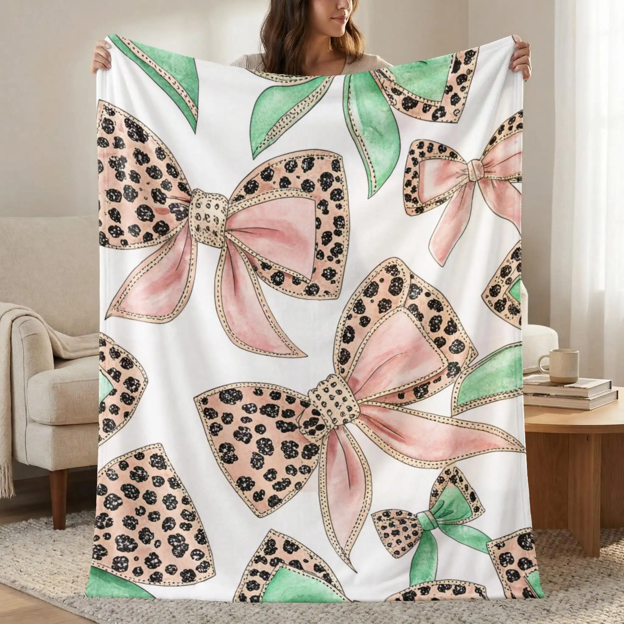 Chic Leopard Bows Blanket Pink Mint Green Watercolor Throw Sofa Blankets and Throws Bedspread on the Bed Linens Human Made Home