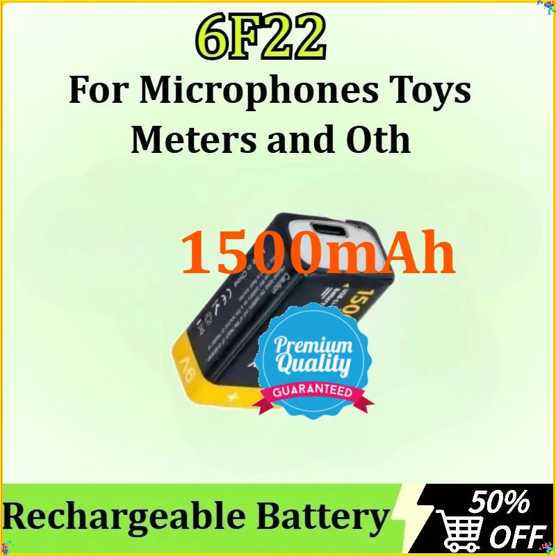 

1500mAh for Microphones Toys Meters and Oth 9V 6F22 USB Rechargeable Lithium-Ion Battery Type-C Charging Suitable