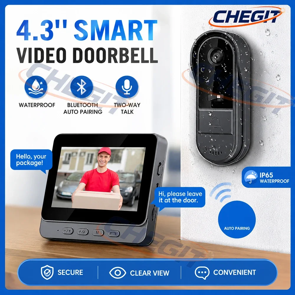 New Waterproof Doorbell Camera 4.3in IPS Screen Wireless Intercom Doorbell Night HD Vision Smart Home Security Video By Bell