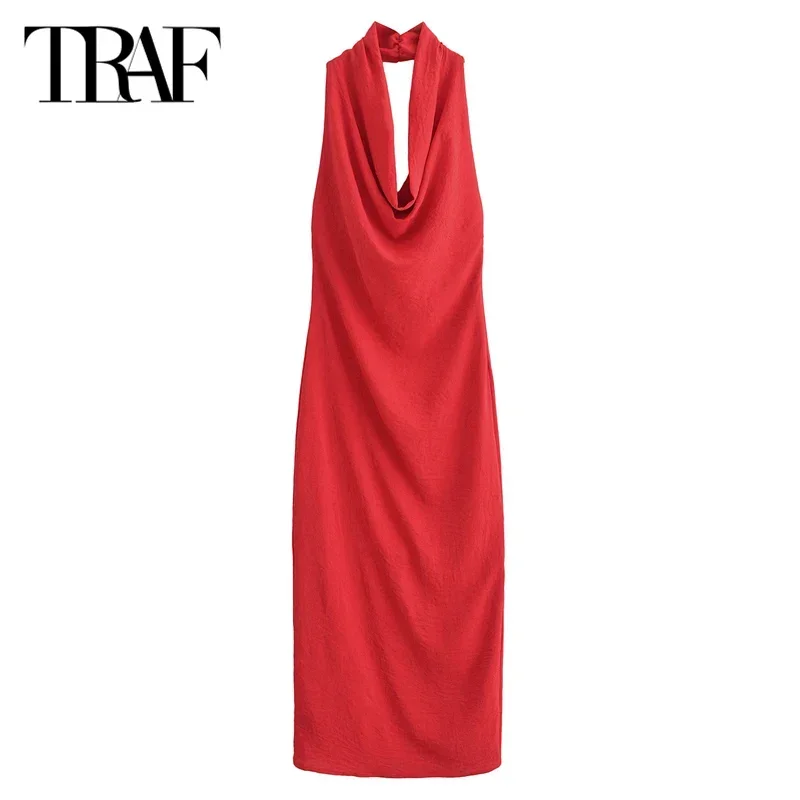 TRAF Evening Pleated Dresses Women Dresses Long Halter Dresses Summer Autumn 2024 Ladies Fashion Backless Red Camel Dresses