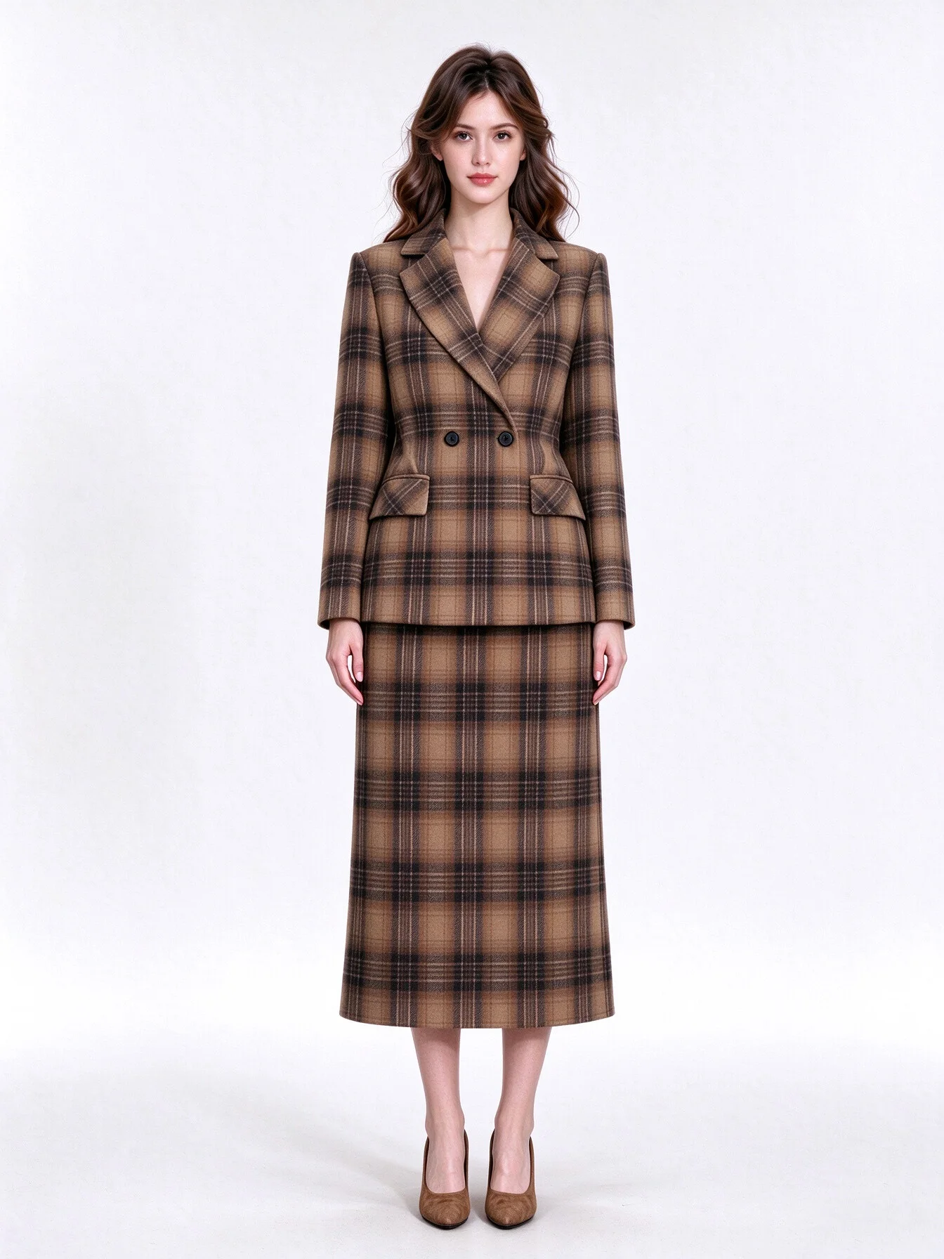 Vintage British & HK Style Wool Plaid Blazer and Long Midi Skirt Set, S-M-L-XL
