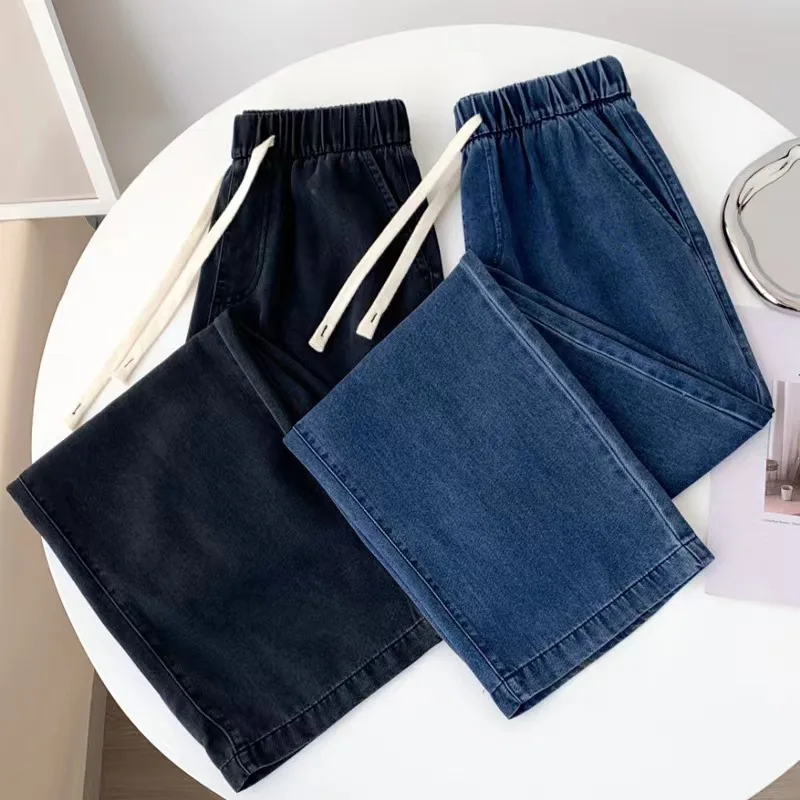 

Women's Jeans Summmer High Waist Drawstring Slim Soft Denim Pants Korean Casual Loose Straight Wide Leg Trousers 2023 New