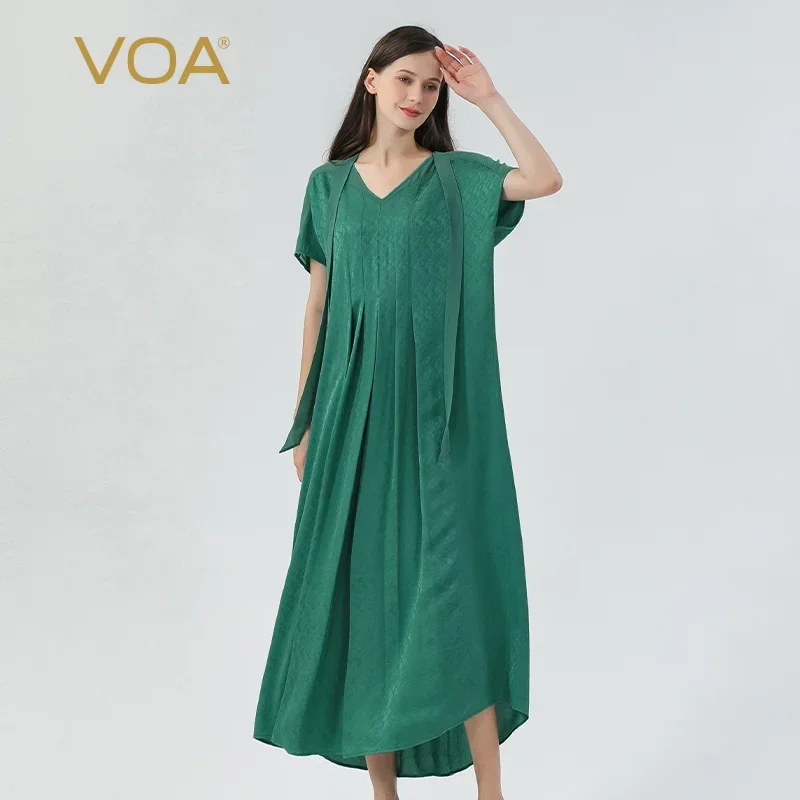 

VOA Green Jacquard Mulberry Silk Panel Georgette V-neck Dolman Short-sleeve Dresses Women Loose Silk Summer Dress 2022 AE1620