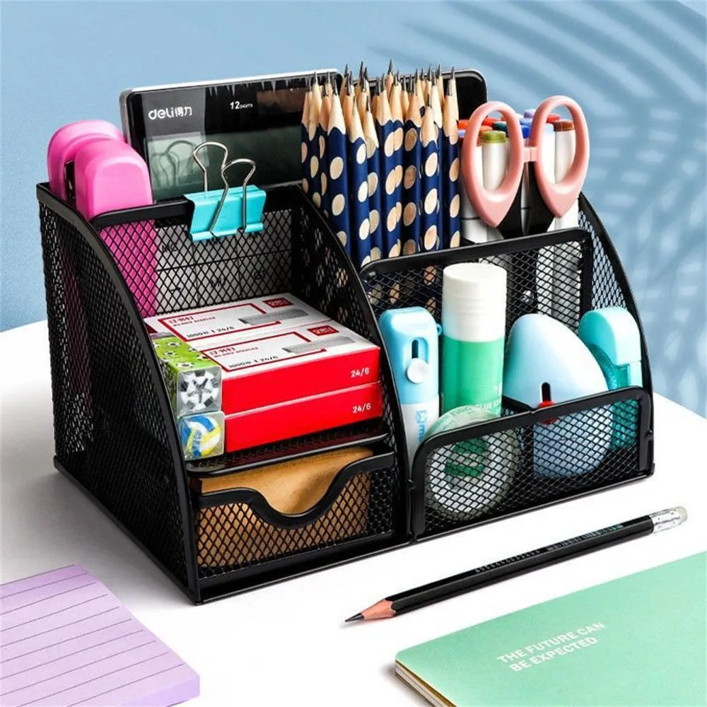 Office Desktop Storage Box Organizer Metal Hollow Pen Holder Large Capacity Partition Office Stationery Storage Case For Home