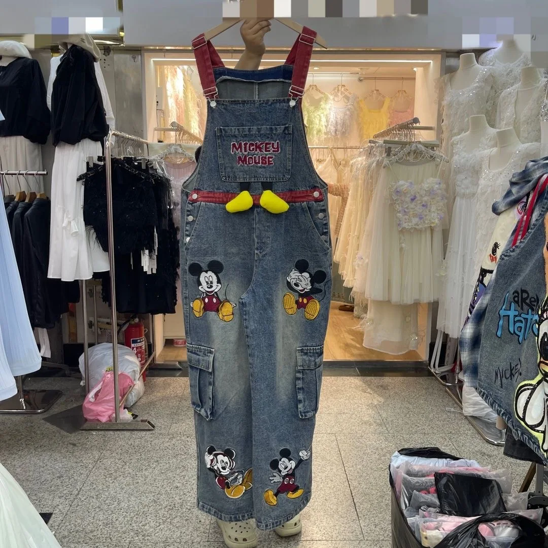 European and American trendy brand fashion new heavy industry embroidery cartoon print loose denim overalls wide leg pants