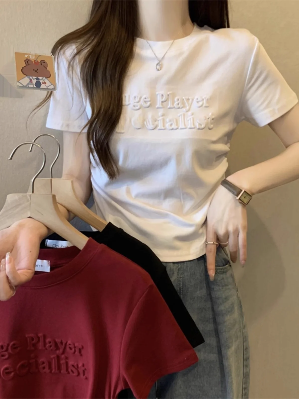 

Pure Cotton ort Sve T-irt Women's Summer Design Sense Pleated Slim Waist ort Length Uneven Top Red Wine Color